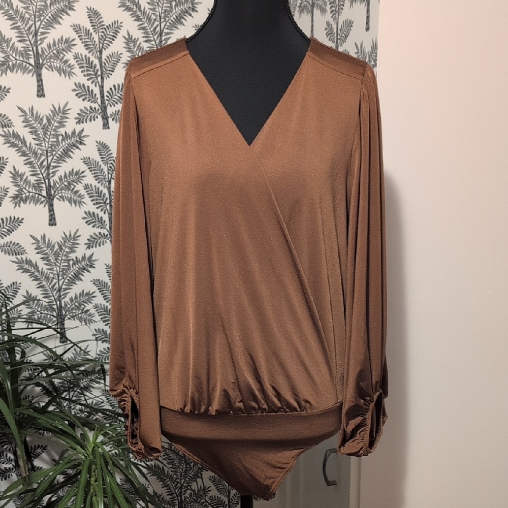 NWT! Express Brown V-Neck Wrap Front Bodysuit